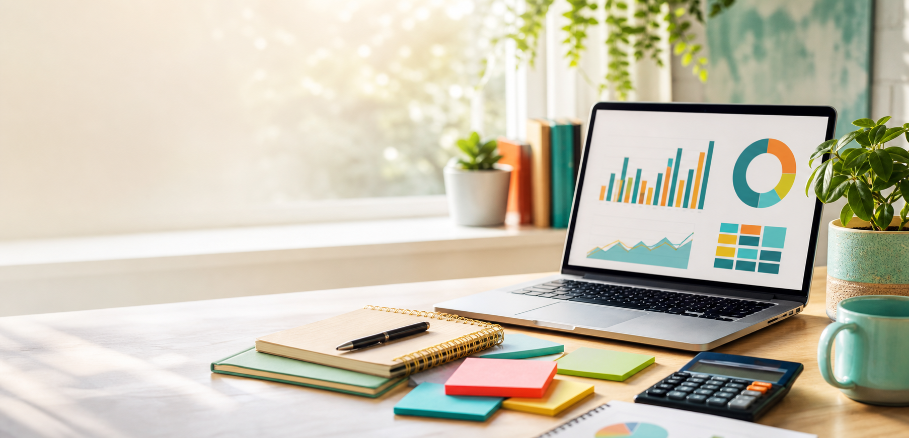 Financial reports, a calculator, and a laptop with charts on a modern desk